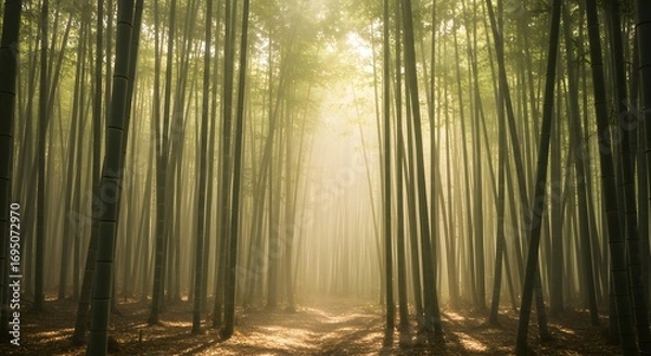 Fototapeta A view through a dense bamboo forest with sunlight filtering through the tall green stalks creating a glow