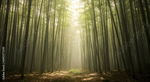 Fototapeta A view through a dense bamboo forest with sunlight filtering through the trees creating a misty ambiance
