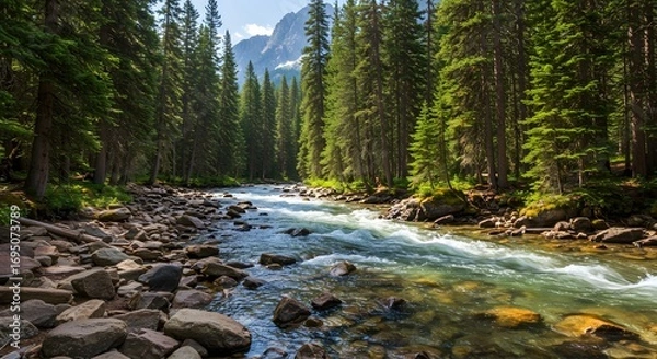 Fototapeta A scenic river flows through a lush forest with mountains visible in the distant background landscape view