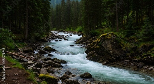 Fototapeta A river flows through a rocky forest landscape with tall trees and moss covered rocks in the wilderness