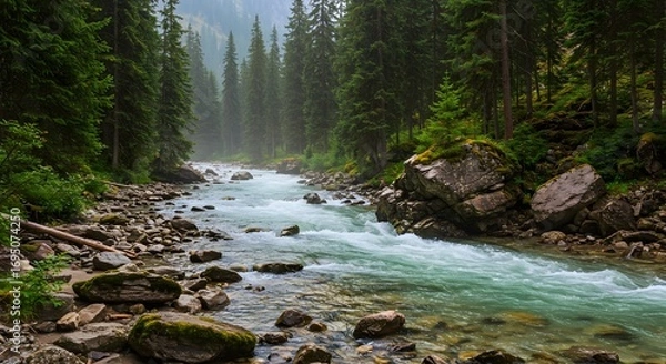 Fototapeta River flowing through a forest with rocks and trees creating a scenic natural environment view