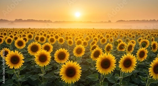 Fototapeta Field of sunflowers in full bloom under a bright sun with a hazy sky at the horizon in the distance