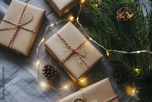 Obraz Holiday gifts wrapped in brown paper with string pine cones and string lights create a festive Christmas scene perfect for seasonal greetings and winter celebrations with loved ones