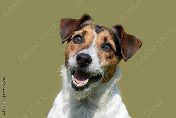 Obraz Closeup portrait of a happy Jack Russell Terrier dog with a cheerful expression showcasing its brown and white fur black nose and bright eyes against a soft green background in natural light