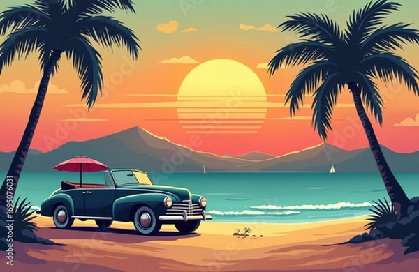 Fototapeta Retro dark blue convertible car parked on sandy beach with palm trees during sunset. Turquoise ocean waves gently wash ashore near mountains under vibrant sky. Tropical vacation vibe.