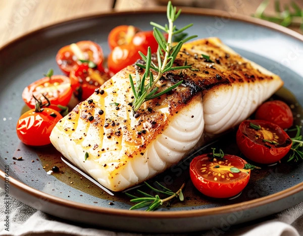 Fototapeta Pan-seared cod, roasted tomatoes with herbs. AI