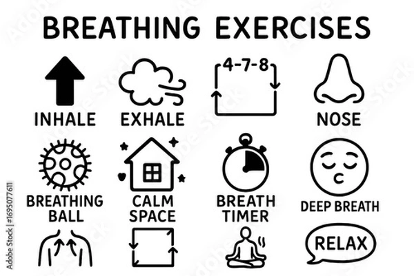 Fototapeta Breathing Exercise Icons. Breathing exercises doodle icon set: hand drawn icons of inhale arrow, exhale cloud, 4-7-8 diagram, nose
