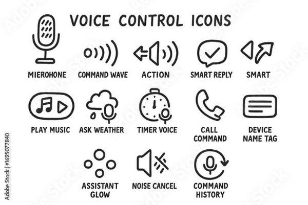 Fototapeta Voice Control Icon Doodles. Voice control icons doodle set: hand drawn icons of microphone, command wave, action icons, smart