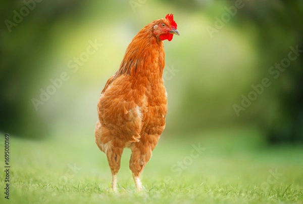 Fototapeta Close-up of a vibrant orange chicken standing on fresh green grass in a garden with natural bokeh background. Perfect farm-to-table, organic lifestyle, and rural countryside concept.