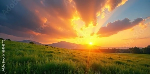 Fototapeta Golden hour sunlight streams through gaps in clouds, illuminating a landscape with warm, vibrant rays Perfect for nature, energy, and environmental themes , beautiful, heat
