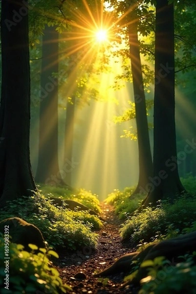 Fototapeta Golden sunbeams stream through gaps in a lush forest canopy, illuminating the dappled forest floor with a warm, ethereal glow Perfect for nature, serenity, and light themes , woods, sunlit, shade
