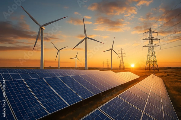 Fototapeta Renewable energy landscape with solar panels wind turbines and power lines generating clean electricity during sunset
