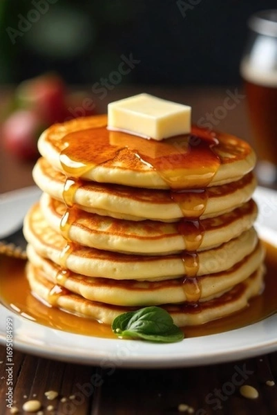 Fototapeta Fluffy dairy pancakes stacked high on a plate, golden brown and glistening, ready to be enjoyed with syrup and butter A delicious breakfast or brunch treat , fluffy, meal