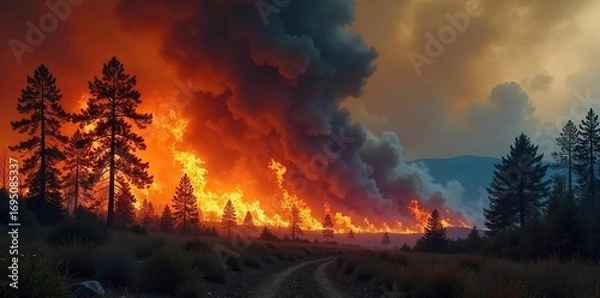 Fototapeta Fierce wildfire raging through a dry forest, consuming trees and shrubs, creating a dramatic landscape of smoke and flames , wildfire, scorched earth, charred landscape