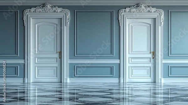 Fototapeta Elegant hallway with antique doors in a blue room.  Possible use Interior design photography