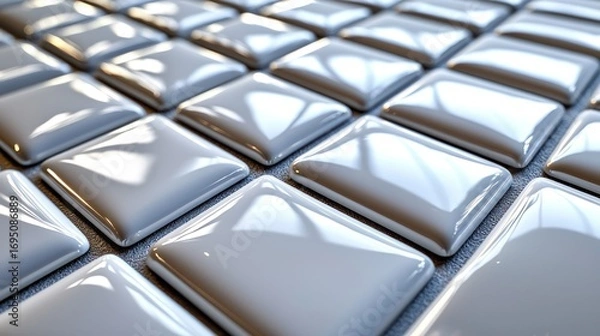 Fototapeta Glossy white tiles, arranged in grid, studio lighting, background blurred, website banner