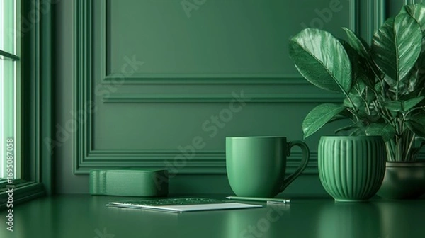 Fototapeta Green workspace mugs, plant, notepad, window light. Ideal for home office or blog