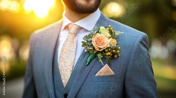 Fototapeta Groom's boutonniere, sunset park wedding