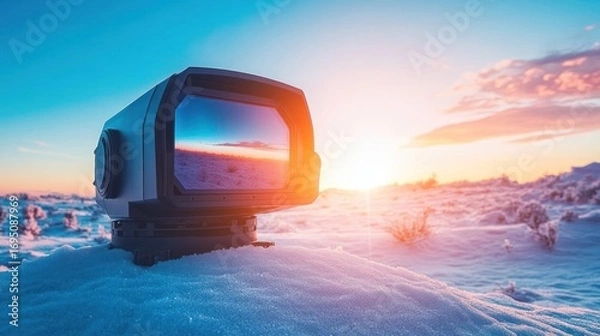 Fototapeta Winter Sunrise, Surveillance Tech on Snow Covered Hill