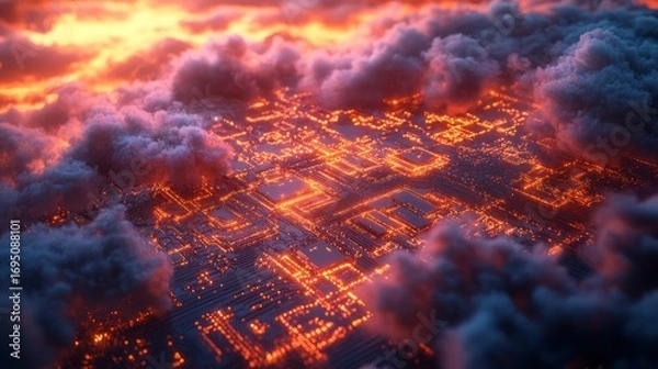 Fototapeta City circuit board at sunset with fiery clouds