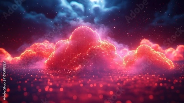 Fototapeta Fiery Cloudscape at Night; Abstract glowing red clouds with cosmic background