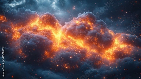 Fototapeta Fiery Cloud Explosion, Night Sky, Dramatic VFX, Fantasy Background