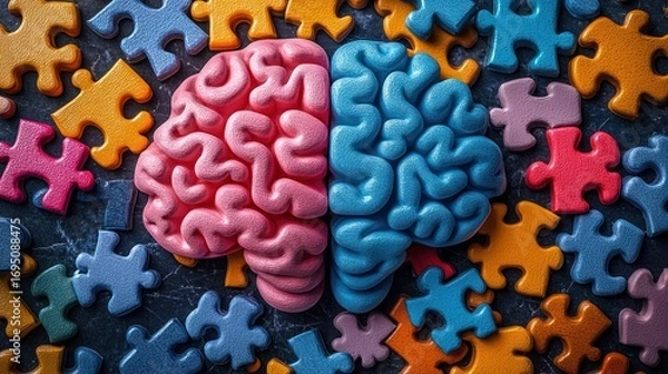 Fototapeta Pink blue brain puzzle pieces table top