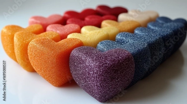 Fototapeta Colorful heart-shaped objects arranged in a grid on white surface