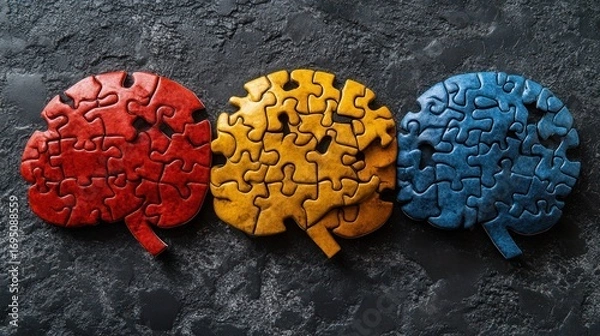 Fototapeta Three brain puzzle pieces on dark surface, teamwork concept