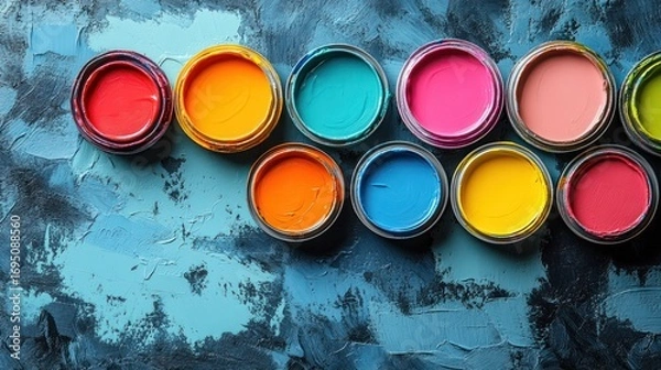 Fototapeta Colorful paint cans arranged on textured surface; home improvement, design concept