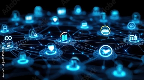 Fototapeta Digital network connecting diverse icons; global technology concept