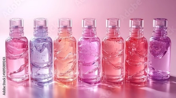 Fototapeta Row of colorful cosmetic bottles on a soft pink background