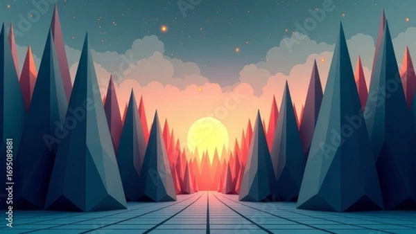Fototapeta Geometric forest with twilight sky and angular trees