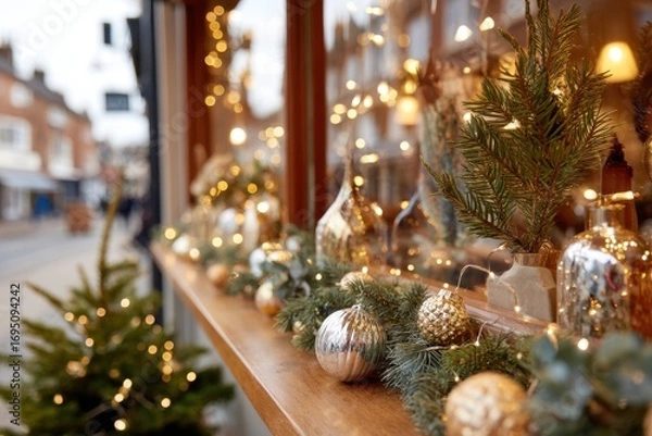 Fototapeta Festive Christmas window display with lights and ornaments