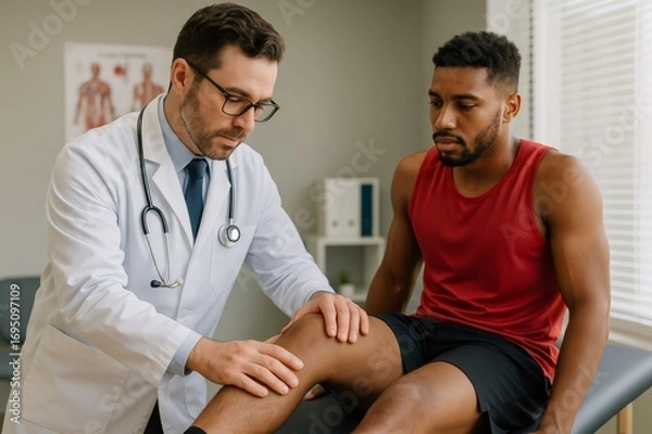 Fototapeta Doctor carefully examining athlete's knee, providing personalized healthcare and addressing potential injuries in modern medical clinic