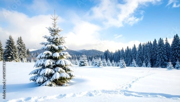 Fototapeta Snowy winter landscape with fir tree