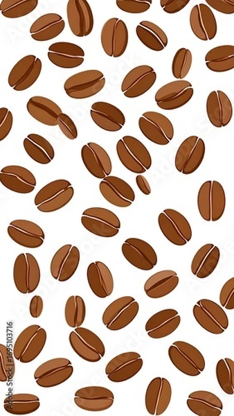Fototapeta A repeated pattern of coffee beans scattered against a white backdrop.