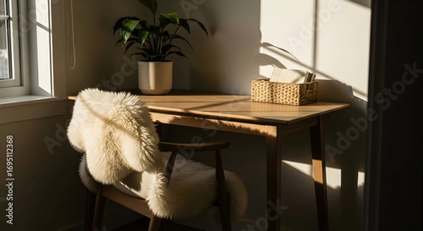 Fototapeta Inviting Natural Light Flooding A Cozy Workspace With Plant and Sheepskin Accents