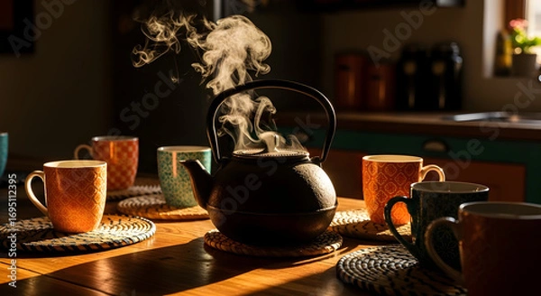 Fototapeta Inviting Warmth: Capturing the Cozy Ambiance of a Steaming Kettle and Teacups