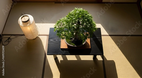 Fototapeta Japanese Bonsai Displayed On Black Table Near Illuminated Paper Lantern With Light