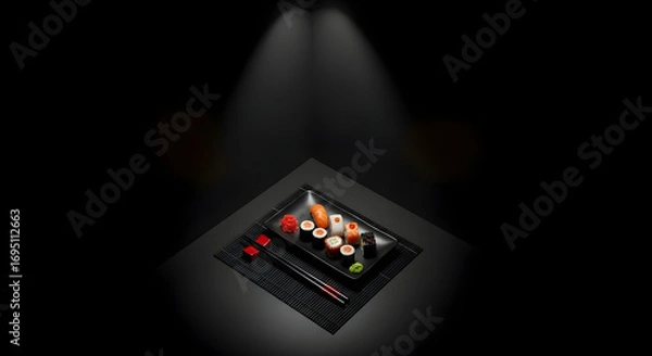 Fototapeta Japanese Culinary Delights: A Dramatic Presentation of Exquisite Sushi on Dark Setting