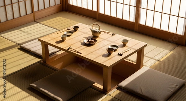 Fototapeta Japanese tea ceremony setup indoors with traditional elements and soothing sunlight creating peaceful vibes