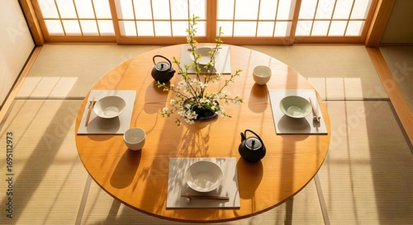 Fototapeta Japanese Tea Ceremony Table Setting with Bowls Chopsticks and Teapots Close Up