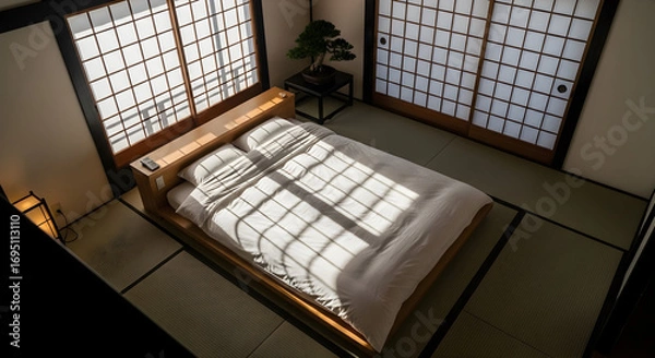 Fototapeta Japanese-style bedroom showcasing traditional architecture with natural light and design