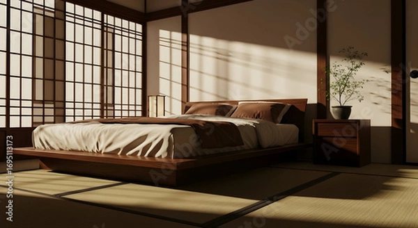 Fototapeta Japanese-style bedroom, shoji screen and tatami mat flooring create a minimalist space