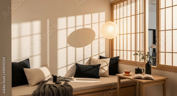Fototapeta Japanese-style lounge area with natural light, minimalist design, and cozy atmosphere