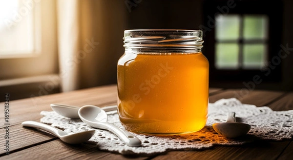 Fototapeta Jar of Honey on a Wooden Table with Spoons and a Decorative Doily, Natural Light