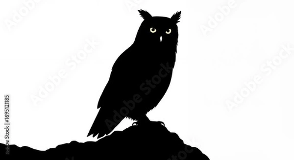 Fototapeta Silhouette of an owl perched on a branch against a white background vector illustration