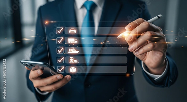 Obraz A meticulous manager digitizing transportation checklist using a stylus overseeing freight details with a modern digital