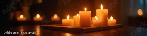 Fototapeta Close-up shot of elegant, flickering candlelight illuminating a dark room, creating a warm and inviting ambiance Perfect for home decor, spa, relaxation, and luxury concepts , inviting, room